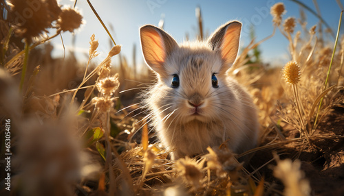 Cute fluffy rabbit sitting in green grass, enjoying nature generated by AI