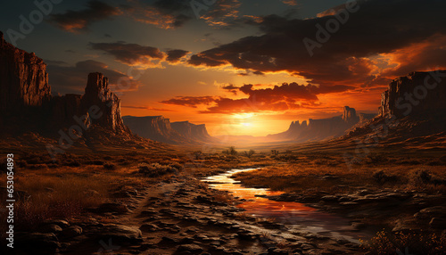 Majestic sunset over eroded sandstone, reflecting tranquil mountain peak generated by AI