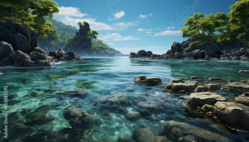Tranquil coastline, blue seascape, green forest, sunset reflection generated by AI