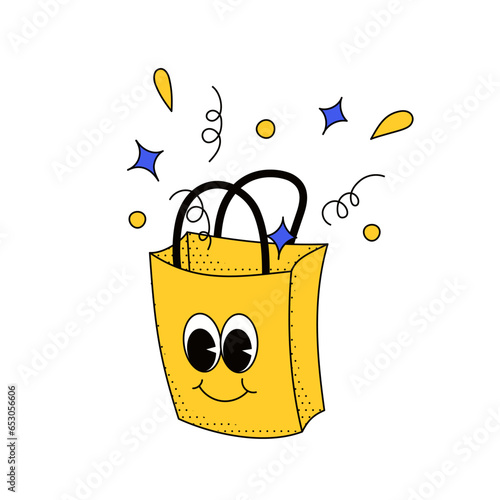 Cool trendy groovy sale promo character of bag. Isolated vector mascot in comic cartoon style on transparent background with smiling face badges for black friday or shop discount program.