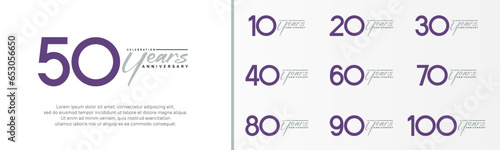 set of anniversary logo purple color number and gray text on white background for celebration