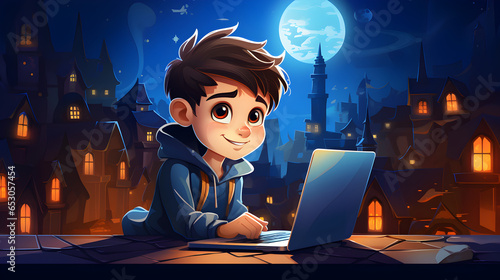 Happy Kid Using Laptop: Colorful Vector Art Style Illustration. Child Education, Digital Learning, Smiling Young Student