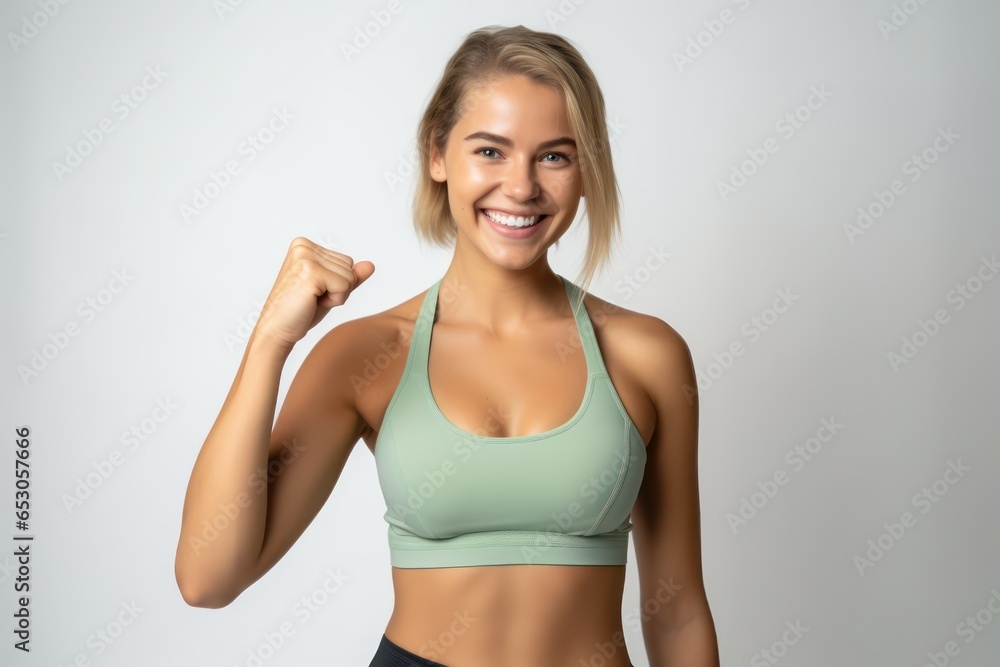 Portrait of a smiling sportswoman in green sportswear showing her biceps isolated on a white background and Looking at the camera.