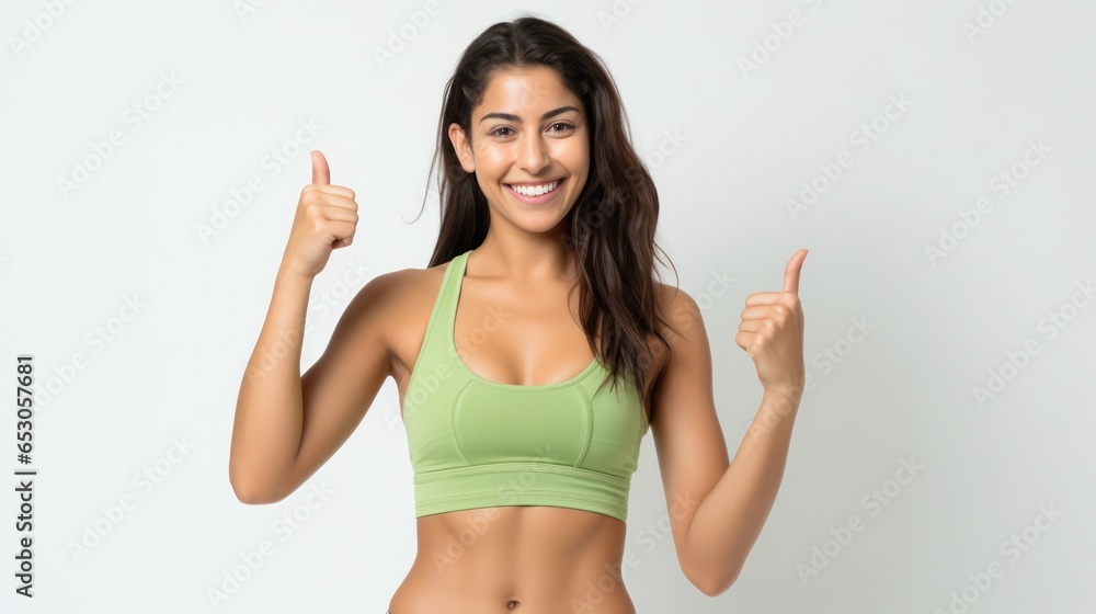 Portrait of a smiling sportswoman in green sportswear showing her biceps isolated on a white background and Looking at the camera. Portrait of a smiling sportswoman in green sportswear showing her biceps isolated on a white background and Looking at the camera.