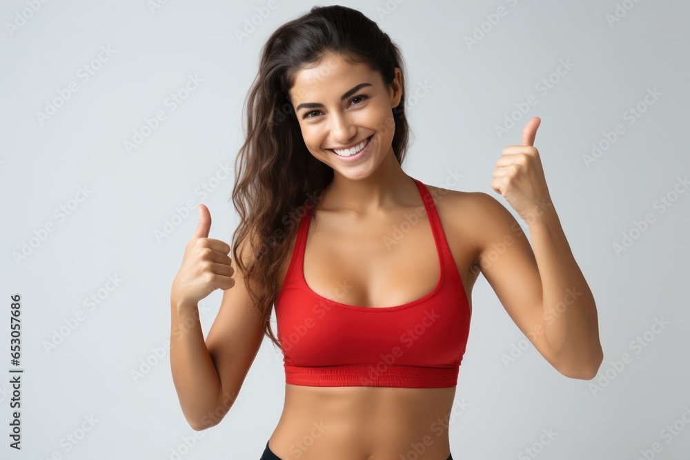 Portrait of a smiling sportswoman in red sportswear showing her biceps isolated on a white background and Looking at the camera. Portrait of a smiling sportswoman in red sportswear showing her biceps isolated on a white background and Looking at the camera.