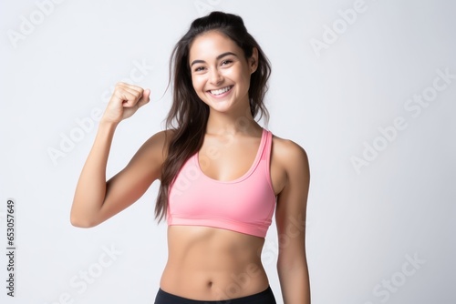Portrait of a smiling sportswoman in pink sportswear showing her biceps isolated on a white background and Looking at the camera. © Kowit
