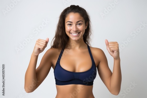 Portrait of a smiling sportswoman in deep blue color sportswear showing her biceps isolated on a white background and Looking at the camera. © Kowit