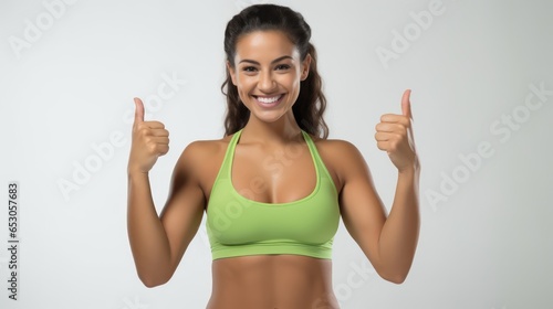 Portrait of a smiling sportswoman in green sportswear showing her biceps isolated on a white background and Looking at the camera.