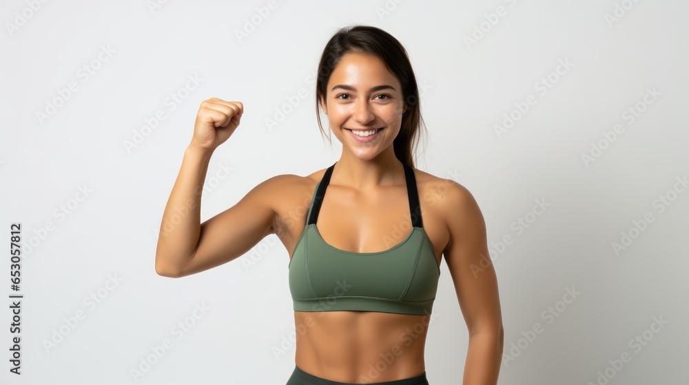 Portrait of a smiling sportswoman in green sportswear showing her biceps isolated on a white background and Looking at the camera. Portrait of a smiling sportswoman in green sportswear showing her biceps isolated on a white background and Looking at the camera.