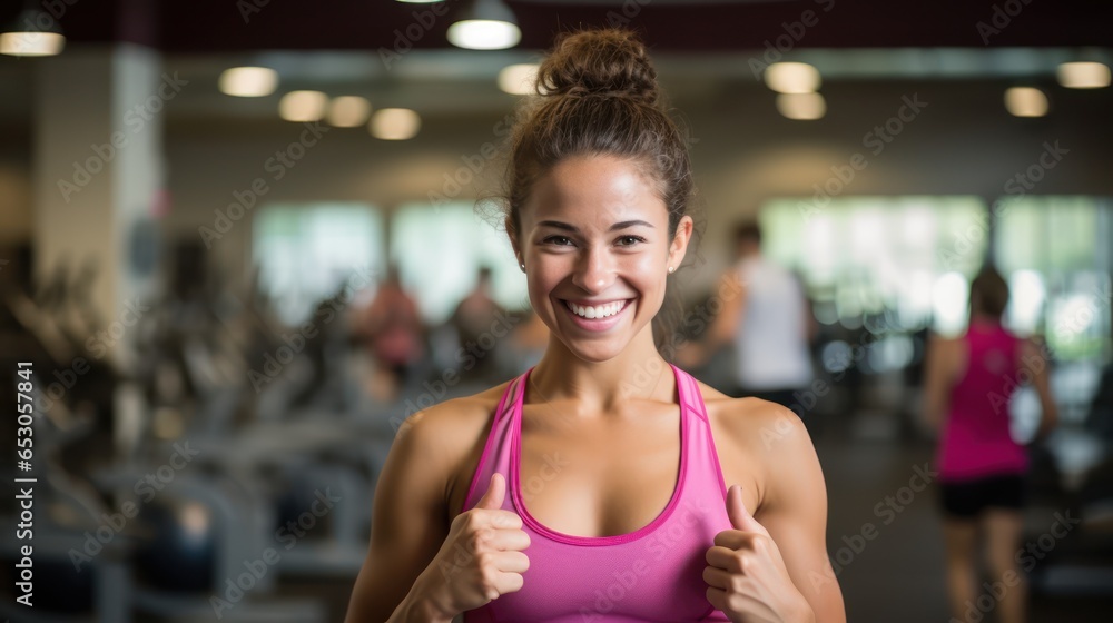 Close up image of attractive fit woman in gym. Portrait of a smiling sportswoman in pink sportswear showing her thumb up and her biceps over the gym background.