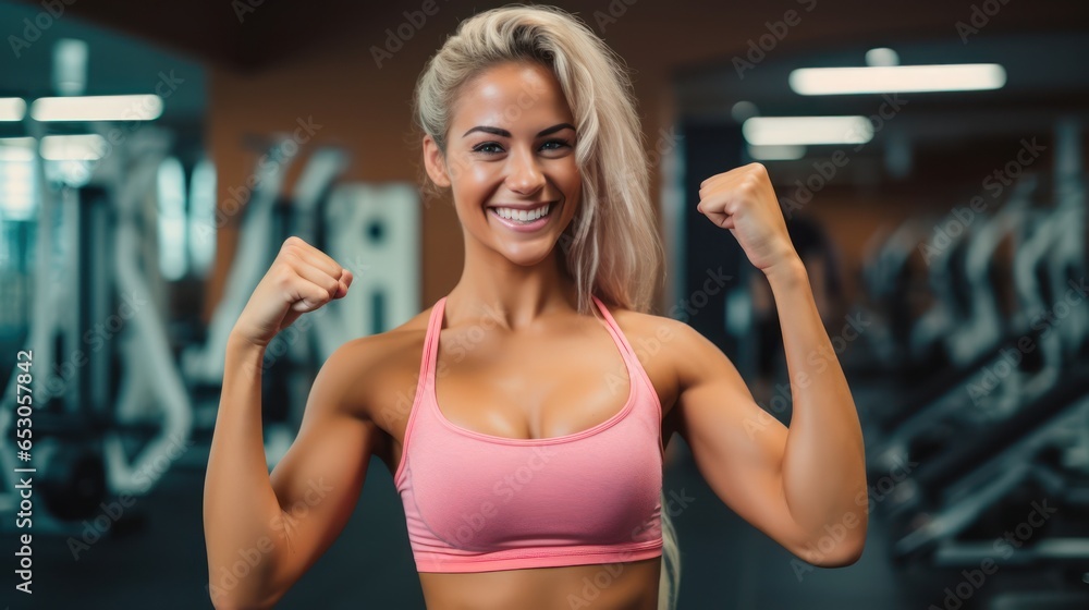 Close up image of attractive fit woman in gym. Portrait of a smiling sportswoman in pink sportswear showing her thumb up and her biceps over the gym background. Close up image of attractive fit woman in gym. Portrait of a smiling sportswoman in pink sportswear showing her thumb up and her biceps over the gym background.
