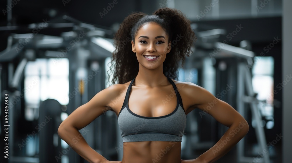 Close up image of attractive fit woman in gym. Portrait of a smiling sportswoman in gray sportswear showing her thumb up and her biceps over the gym background.
