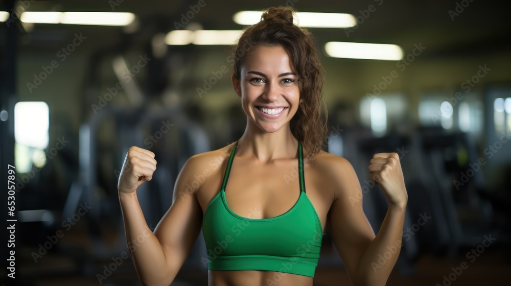 Close up image of attractive fit woman in gym. Portrait of a smiling sportswoman in green sportswear showing her thumb up and her biceps over the gym background.