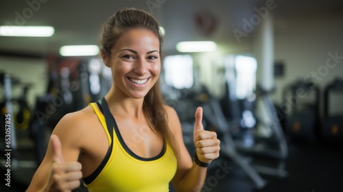 Close up image of attractive fit woman in gym. Portrait of a smiling sportswoman in yellow sportswear showing her thumb up and her biceps over the gym background.