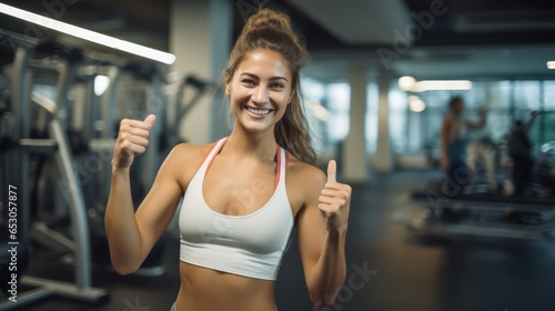 Close up image of attractive fit woman in gym. Portrait of a smiling sportswoman in white sportswear showing her thumb up and her biceps over the gym background.