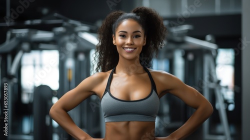 Close up image of attractive fit woman in gym. Portrait of a smiling sportswoman in gray sportswear showing her thumb up and her biceps over the gym background.