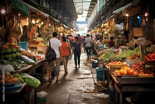 Fresh food bazaar. diverse vendors, bustling market, colorful produce.