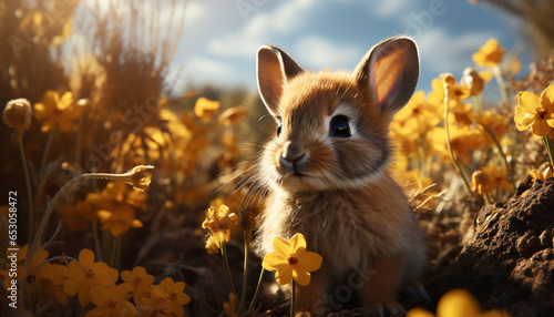 Cute fluffy rabbit sitting in meadow, enjoying summer sun generated by AI