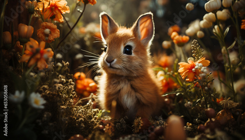 Fluffy baby rabbit sitting in meadow, looking at camera generated by AI