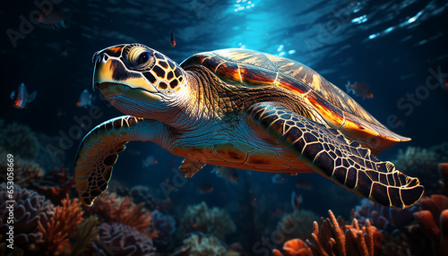 Underwater, a turtle swims in the blue sea generated by AI
