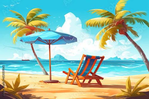 tropical beach with sunbathing accessories in summer