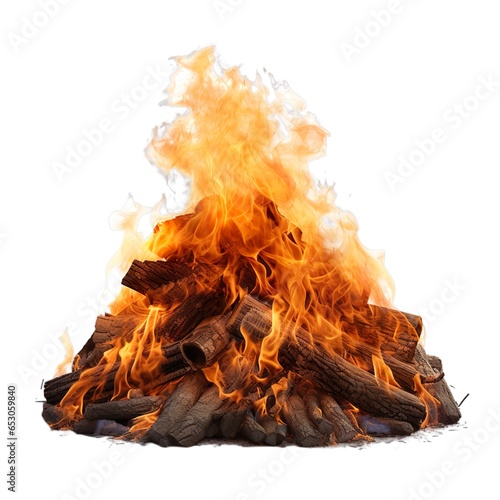 Pile of wood burning, no background