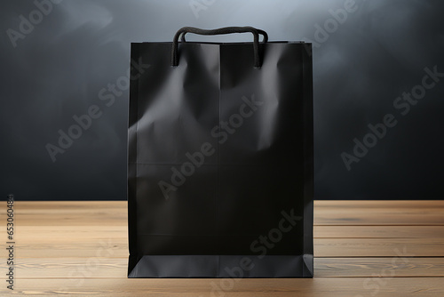 Generative AI Image of Black Paper Shopping Bag on Wooden Table