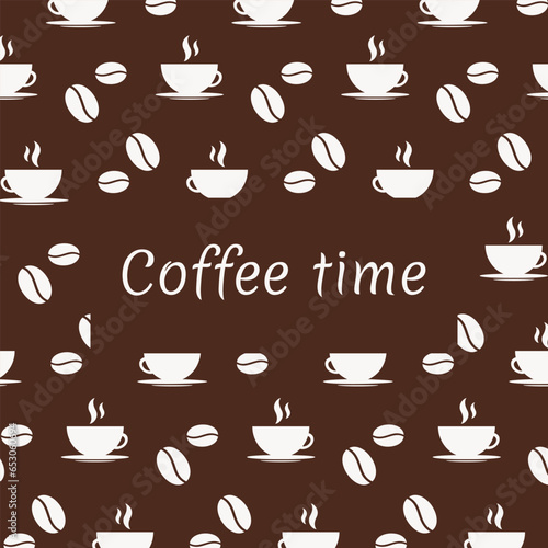 Seamless pattern coffee cups  coffee beans vector art banner print design with text Coffee time. International Coffee Day design concept