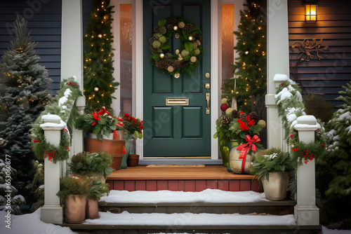 Decorated wooden door with traditional evergreen wreaths and christmas tree decoration