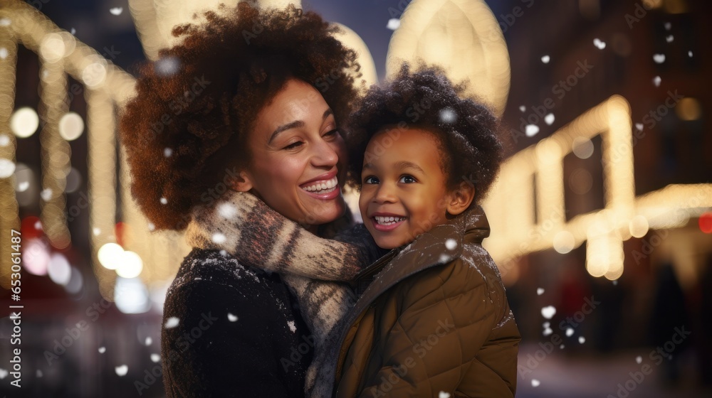 A joyous mixed-race black mother and her child share a heartwarming moment in the city square. The ambiance captures the festive spirit of the winter season. - obrazy, fototapety, plakaty 