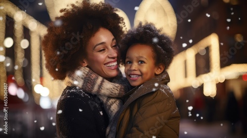 A joyous mixed-race black mother and her child share a heartwarming moment in the city square. The ambiance captures the festive spirit of the winter season.