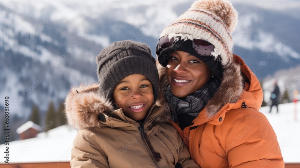 Mother with kid smiling, both wearing beanies and coats, standing at a ski resort. Clad in winter clothes, they enjoy the scenic view of mountains, forests, and snow. It encapsulates the winter snow