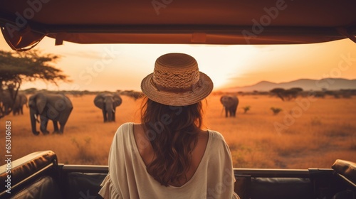 A woman confidently stands atop a safari vehicle, taking in the grandeur of the vast African savanna. An elephant grazes in the distance under the warm summer sun, encapsulating the essence of a wild.