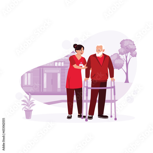 Young therapist helps older adult practice walking with walker outdoors. Physical concepts. Trend Modern vector flat illustration