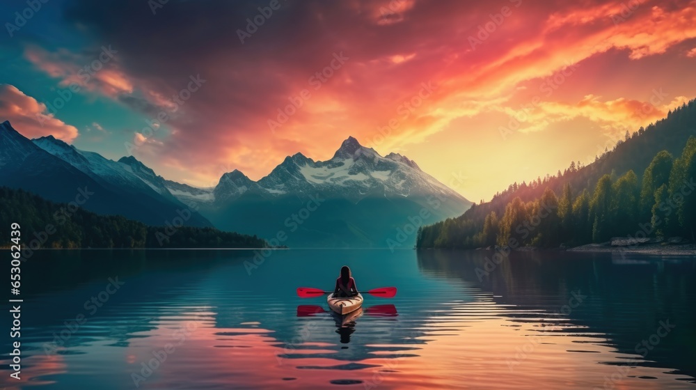 woman kayaking with a view of the mountains on a sunset generative ai - obrazy, fototapety, plakaty 