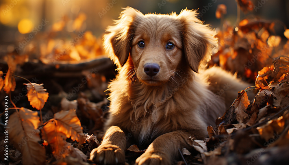 Cute puppy sitting outdoors, looking at camera in autumn generated by AI