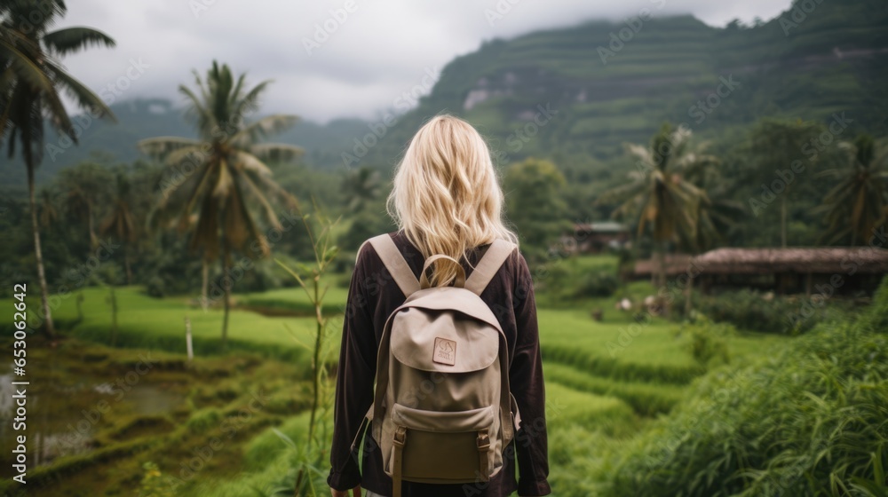 woman from behind watching the mountains generative ai woman from behind watching the mountains generative ai