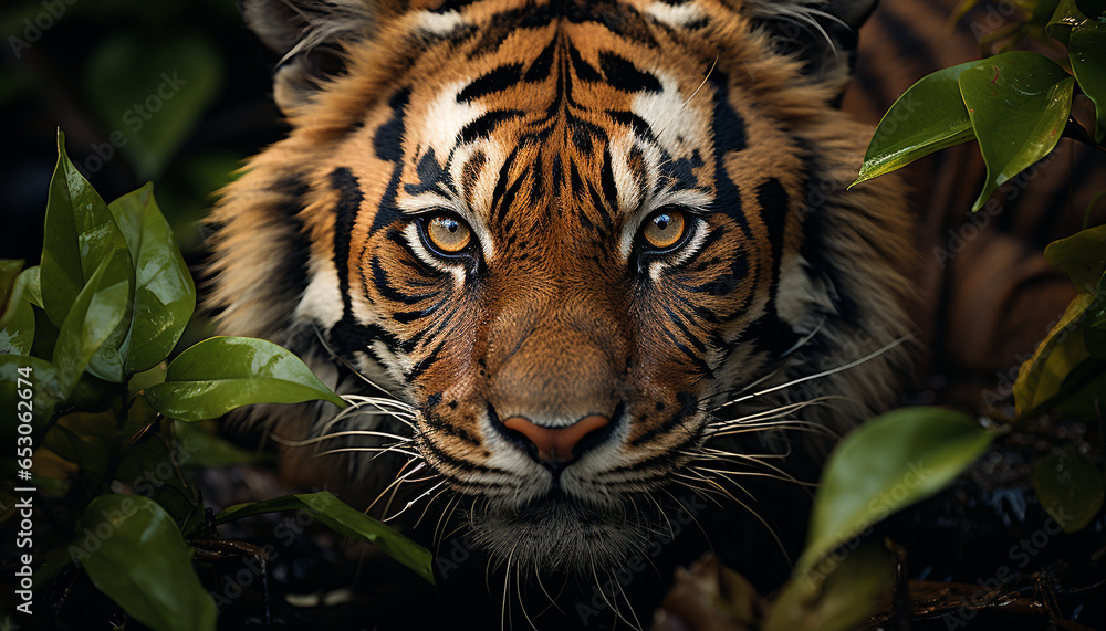 Bengal tiger, fierce and majestic, stares into the camera generated by AI Bengal tiger, fierce and majestic, stares into the camera generated by AI