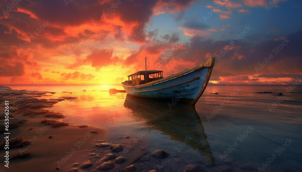 Sunset over tranquil water, nautical vessel sails into dusk generated by AI