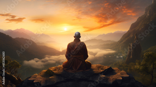meditation in the mountains in a beautiful sunrise - Buddhist monk meditating in a mountain peak with clouds and god rays © Chamli_Pr