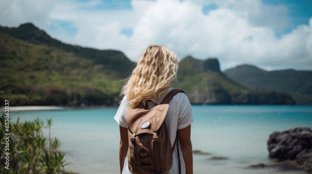 Fototapeta premium woman from behind watching the mountains generative ai