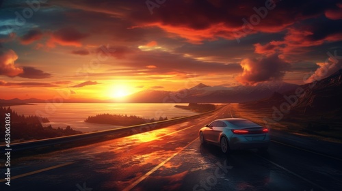 car on a lonely road, in the middle of a sunset generative ai
