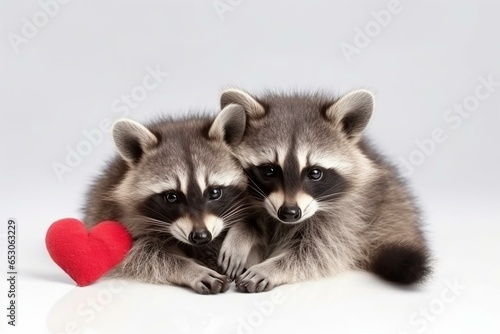 Sweet baby raccoon duo snuggling with red heart for Valentine's Day against white backdrop. Generative AI © Xanthe