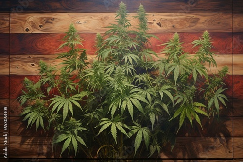A bunch of cannabis blooms on a wooden panel. Generative AI