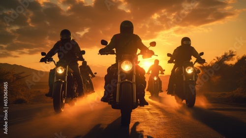 motorcyclists on a road, in the middle of a sunset generative ai © Francheska