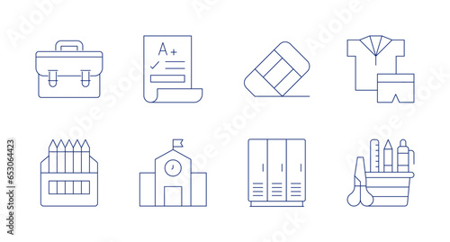 School icons. Editable stroke. Containing briefcase, color pencil, grade, kindergarten, rubber, school locker, stationery, uniform.