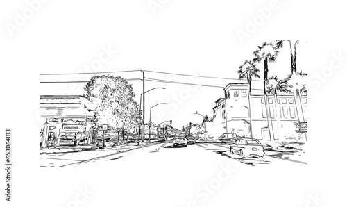 Building view with landmark of San Rafael is the city in California. Hand drawn sketch illustration in vector.