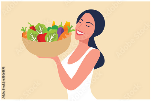 Healthy woman holding healthy food bowl vector illustration. Healthy lifestyle, world food day and vegan food concept