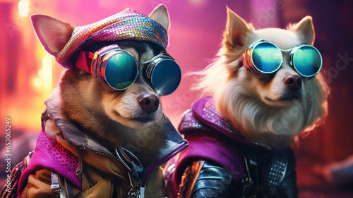 Futuristic cyber dogs with fashionable clothes and accessories