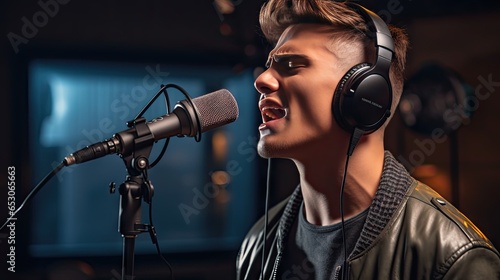 Skillful male singer with eyes closed in casual clothes with headphones and music recorded on laptop in modern lighting studio with professional microphone.